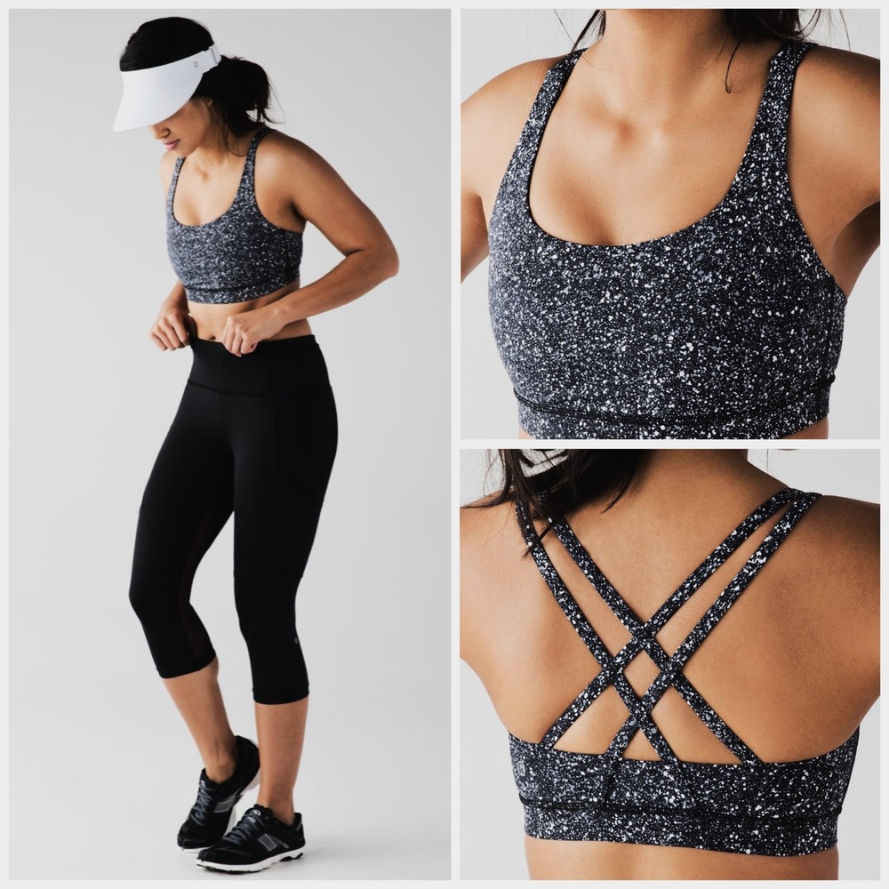 Sz 4 Lululemon Energy Bra Mini Splatter White Black Strappy Back Medium Support